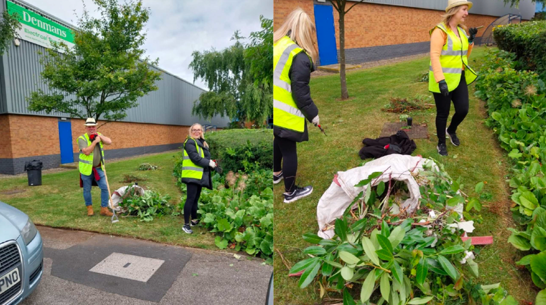grounds team working on clearing bushes on industrial site